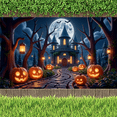 thumbnail image 3 of Spooky Night Halloween Banner Haunted House Design Pumpkin Lanterns Decorative Jack O Lantern Pathway for Halloween Party Holiday Indoor Outdoor, 3 of 9
