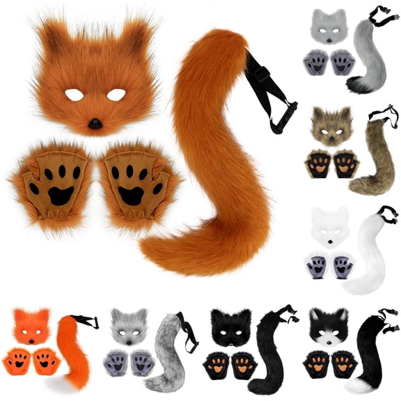 HNMKIU Festive Halloween Set With Realistic Furry Gloves And Tail For Cosplay Celebrations Accessories For Adults Party Themed Events Red - One Size