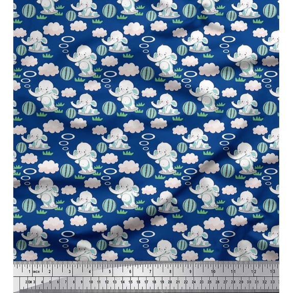 Soimoi Satin Silk Fabric Cloud,Ball & Elephant Kids Print Fabric by The Yard 42 Inch Wide
