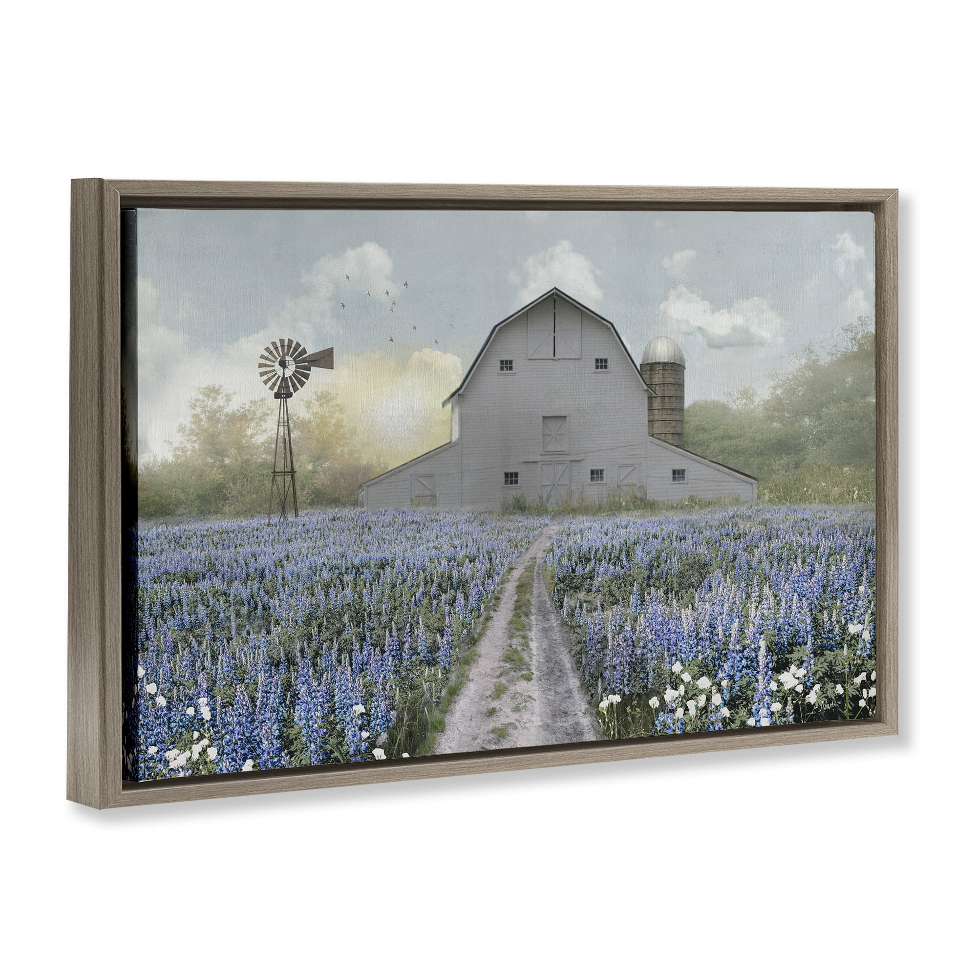 Stupell Industries Meadow of Blue Flowers & Barn Brown Framed Floater Canvas Wall Art, design by Nan