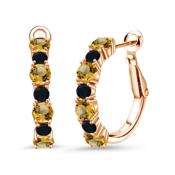 Gem Stone King 18K Rose Gold Plated Silver Yellow Citrine and Black Onyx Hoop Earrings for Women (2.65 Cttw, Gemstone November Birthstone, Round 4MM and 3MM)
