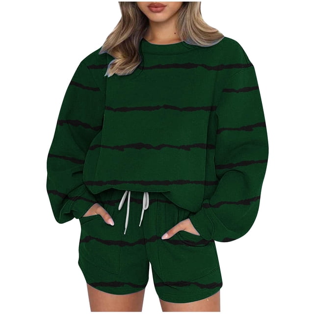 Puntoco Conjunto De Sudadera Con Pantalón Y top Con Cuello Redondo, Manga Larga, Informal, Estampado A Rayas, Para Mujer, Verde Militar, L