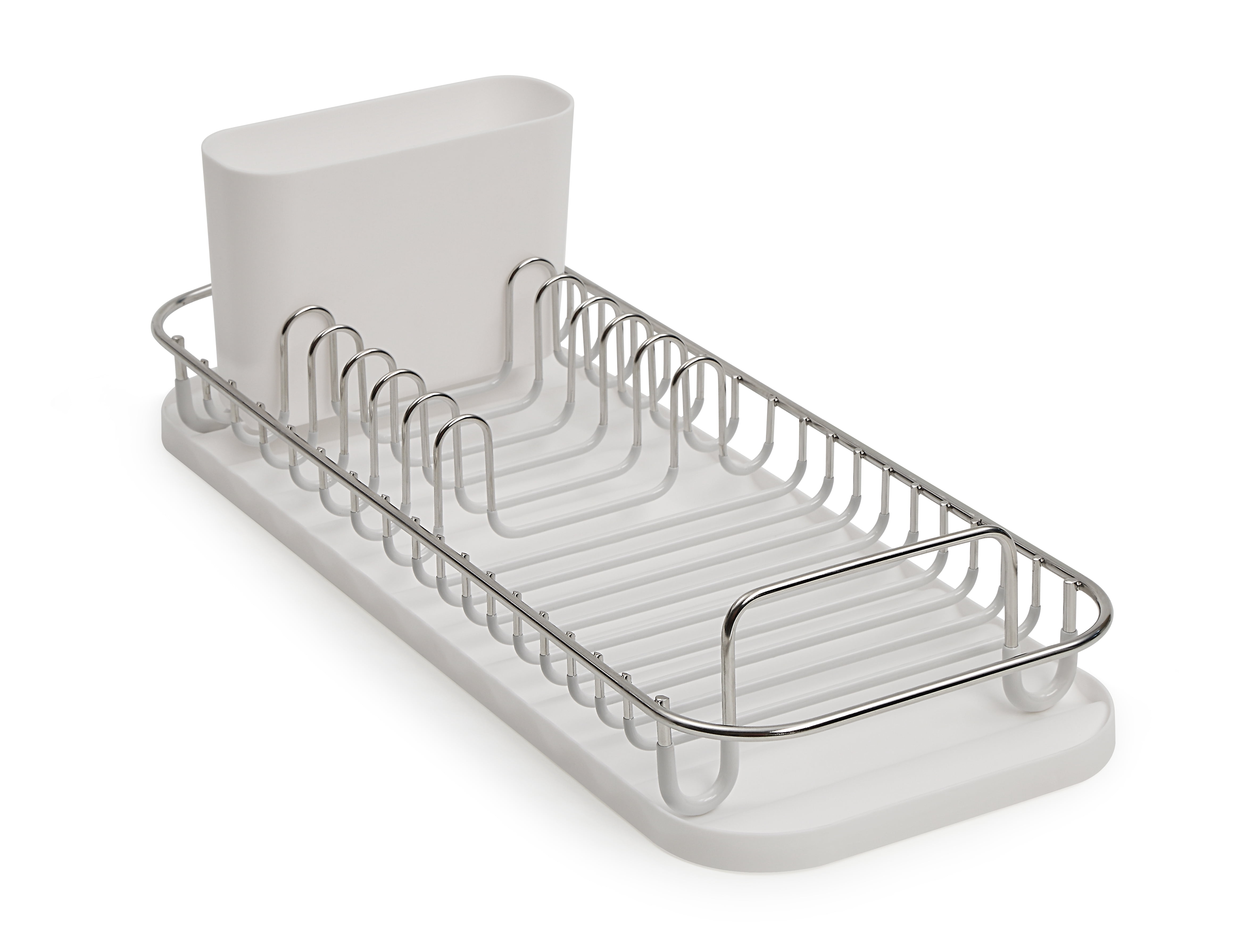 SunnyPoint 304 Stainless Steel Dish Drying Rack with Utensil Holder, Compact Countertop Dish Rack with Removable Drain Tray – White/Silver