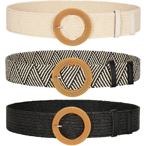 3 Pack Women Straw Woven Elastic Belts Wide Stretch Raffia Waist Belt for Summer Dress