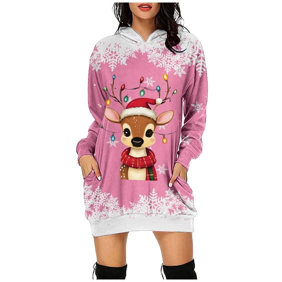 Christmas Skirts for Women Christmas Party Dresses Women's Christmas Lighted Deer Christmas Print Hoodie Dress