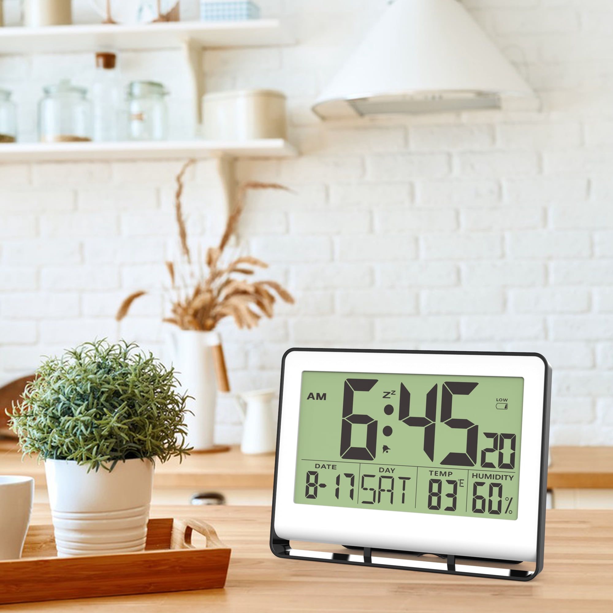 Digital Wall Clock with Indoor Temperature and Humidity, Desk Alarm Clock with Date and Blue Backlight