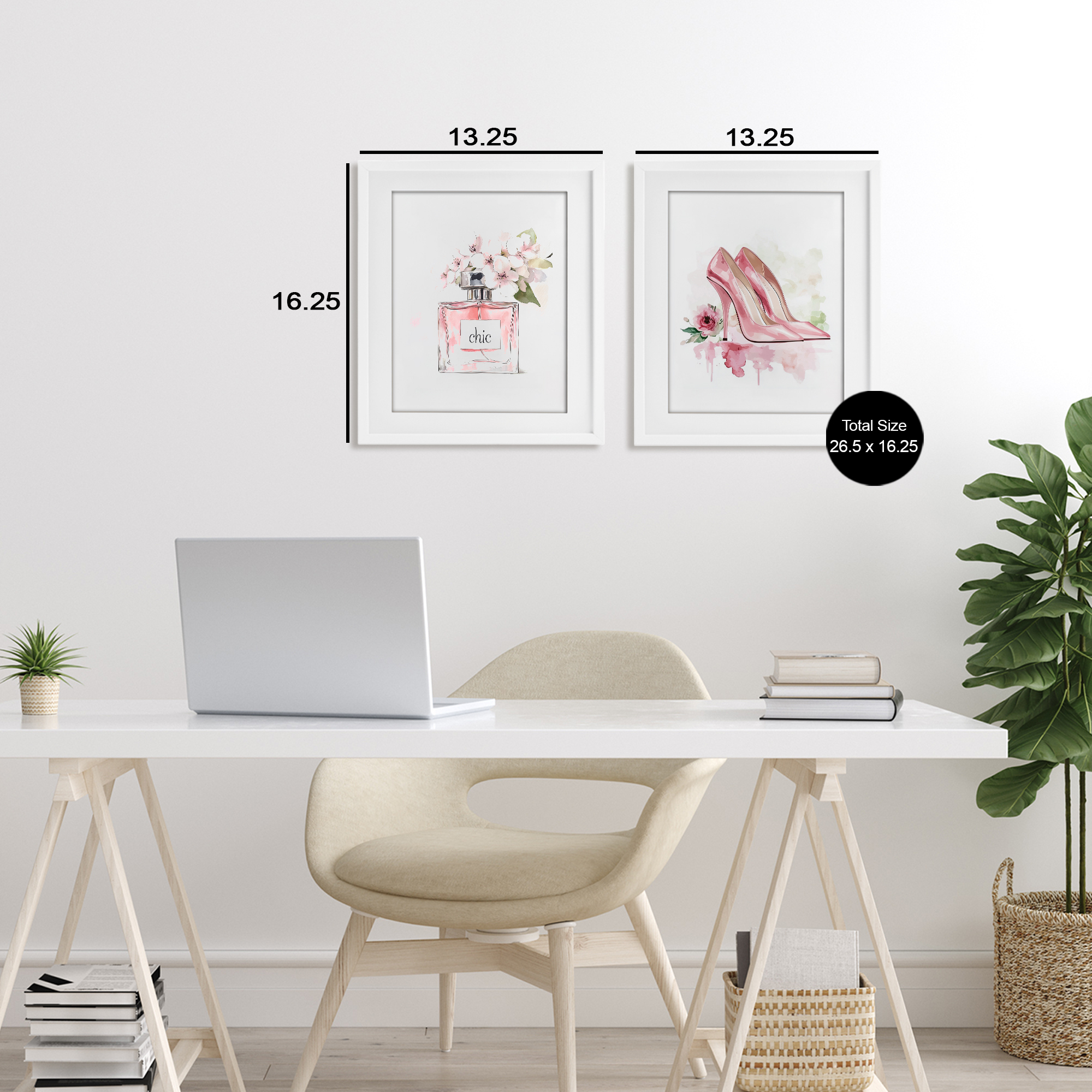 Rosy Pastel Perfume & Heels 2 Piece White Framed Print Under Glass Set, design by Christine Simpson Art