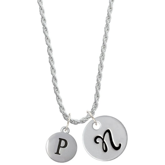 Delight Jewelry Silvertone Capital Letter - P - Pebble Disc - Silvertone Script Initial Disc - N - Charm Necklace, 20"+3"