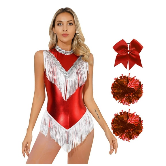Sinleey Womens Sequins Jazz Latin Dance Costume Sets Metallic Tassel Leotard Bodysuit Cheerleading Red S