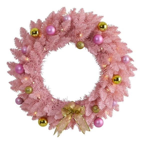 Pemberly Row 24" Pink Artificial Christmas Wreath with 35 LED Lights & Ornaments