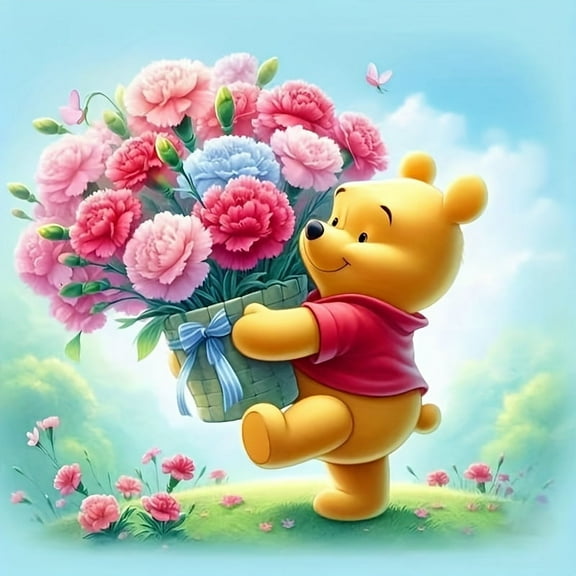 5D DIY Full Round Rhinestone Diamond Art Painting Kit, Cute Cartoon Animals, Winnie The Pooh, Flowers Mosaic Art Picture, Holiday Gift, Room Home Decoration, 30x30cm/11.81x11.81in