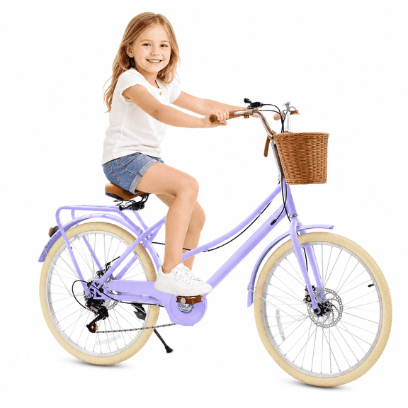 ICEELF Girls Retro Cruiser Bike Ages 8-15, 20/24 Inch 7-Speed Carbon Steel Bicycle with Rattan Basket & Dual Disc Brakes for Youth