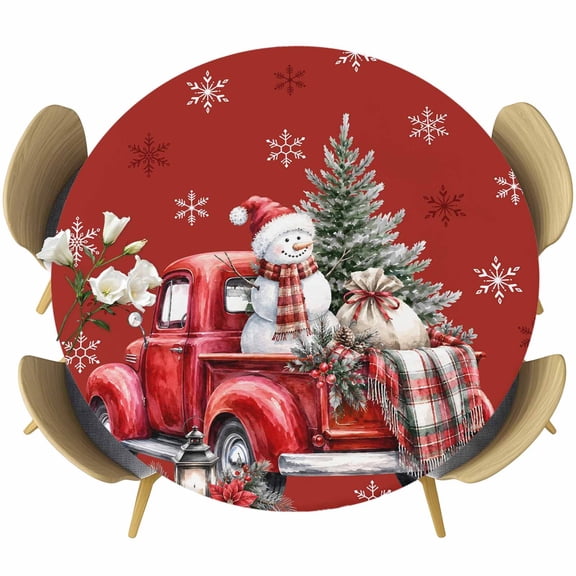 Round Fitted Tablecloth with Elastic Edge, Christmas Red Truck Snowman Fitted Table Cloth for Round Tables 55-60in, Winter Snowflake Xmas Tree Waterproof Tablecloth for Outdoor Picnic Party