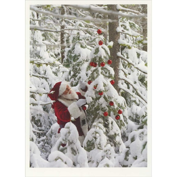 Palm Press Santa Decorating Snow Covered Tree Branch with Red Ornaments Box of 10 Christmas Cards