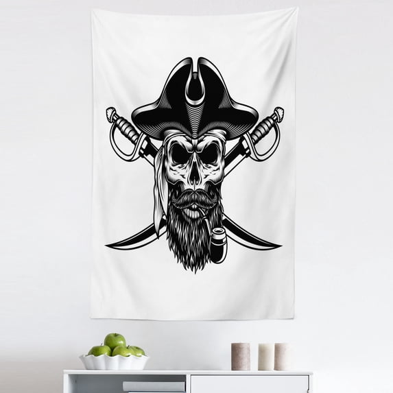 Skull Smoking Tapestry, Bearded and Mustached Skeleton Head Wearing Pirate Hat Vintage Image, Fabric Wall Hanging Decor for Bedroom Living Room Dorm, 5 Sizes, White Charcoal Grey, by Ambesonne