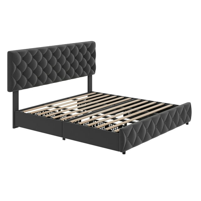 Linen Upholstered Platform Bed Frame with Storage, 4 Drawers, Adjustable Headboard – KING / QUEEN / FULL Sizes, Multiple Color Options Available