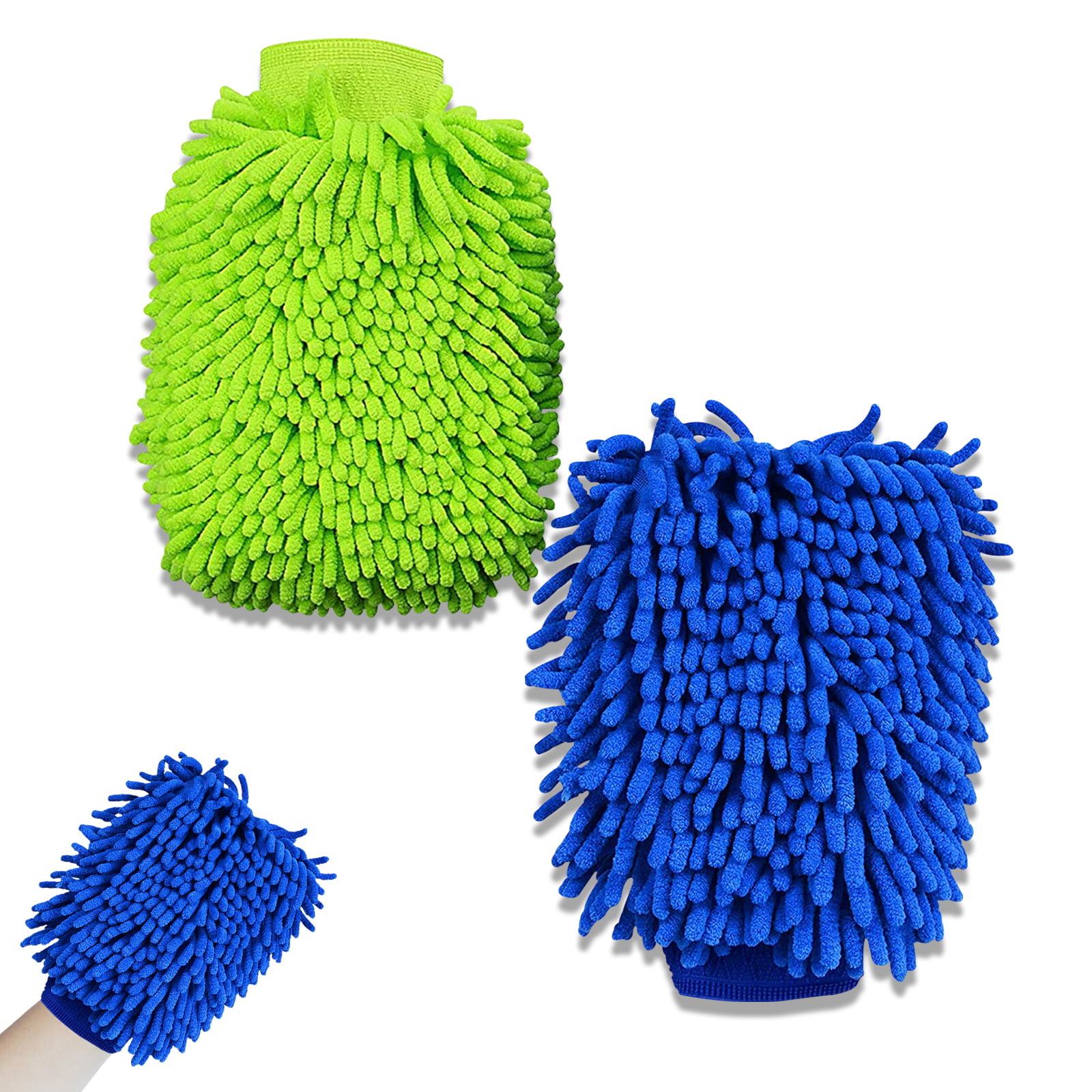 Wash Scratch Free-Green and Buff Extra Large Size Wash Glove Lint Free WeTest Car Care Chenille Wash Mitt 2 Pack for Dust 