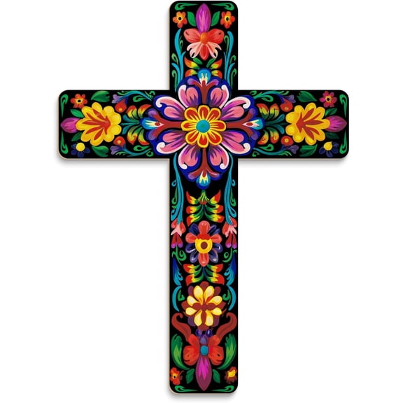 Floral Wooden Cross Wall Decor, Hand-Painted Spanish Style Inspirational Crucifix, Mexican Art Decorative Cross for Home Living Room Church Decoration