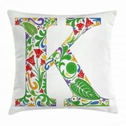 Letter K Throw Pillow Cushion Cover, Vivid Color Scheme Natural Inspirations Flowers Leaves Stalks Uppercase K Alphabet, Decorative Square Accent Pillow Case, 16 X 16 Inches, Multicolor, by Ambesonne