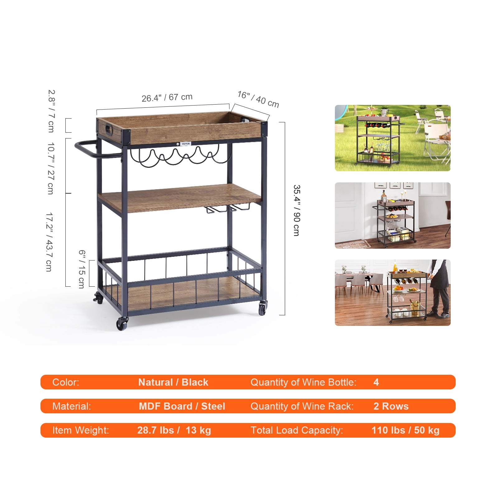 BENTISM 3-Tier Bar Serving Cart Rolling Trolley with Wine Grid Glass Holder 110lbs