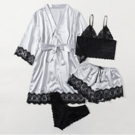 Aoochasliy Sleepwear for Women Clearance Plus Size Sexy Lingerie Silk Robe Satin Bathrobe Four-piece Set Sleepwear Pajamas