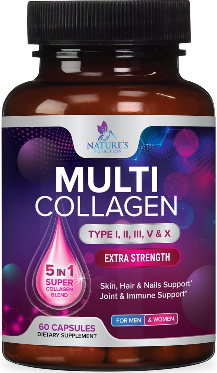 Nature's Nutrition Collagen Peptides Pills, Collagen Powder Type I, II, III, V, X - Boosts Hair, Nails & Skin - Anti Aging Joint Formula, 1000mg, 60 Ct