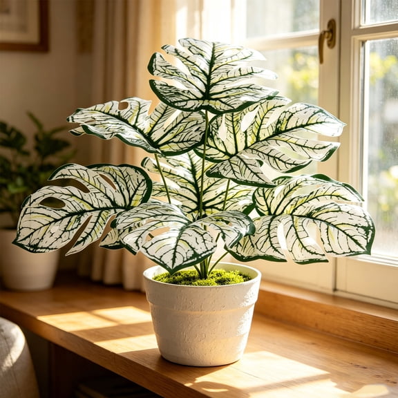 cpengpj Realistic Texture Monstera Deliciosa Bonsai, PVC Made Fade Resistant, for Living Room Tabletop Decoration, 1 Piece