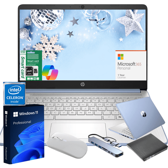 HP 14" Ultra Thin Laptop, Intel Quad-Core N150, 4GB RAM, 384GB (128GB eMMC 256GB SD Card), Windows 11 Pro, 1 Year Microsoft Office 365, Lightweight Notebook for Work or School, Gift Set(Blue)
