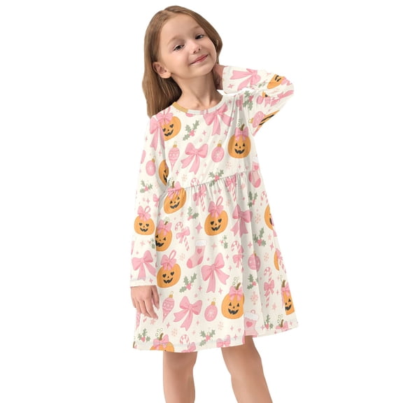 Girls Dress Soft Casual Long Sleeve Cute Dress for Girls Fashion Prints Lot Halloween Pumpkins Crew Neck