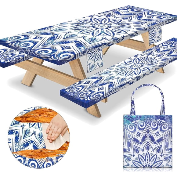 Funda de mesa de pícnic MemKiya, impermeable, 183 x 76 cm, con fundas para bancos