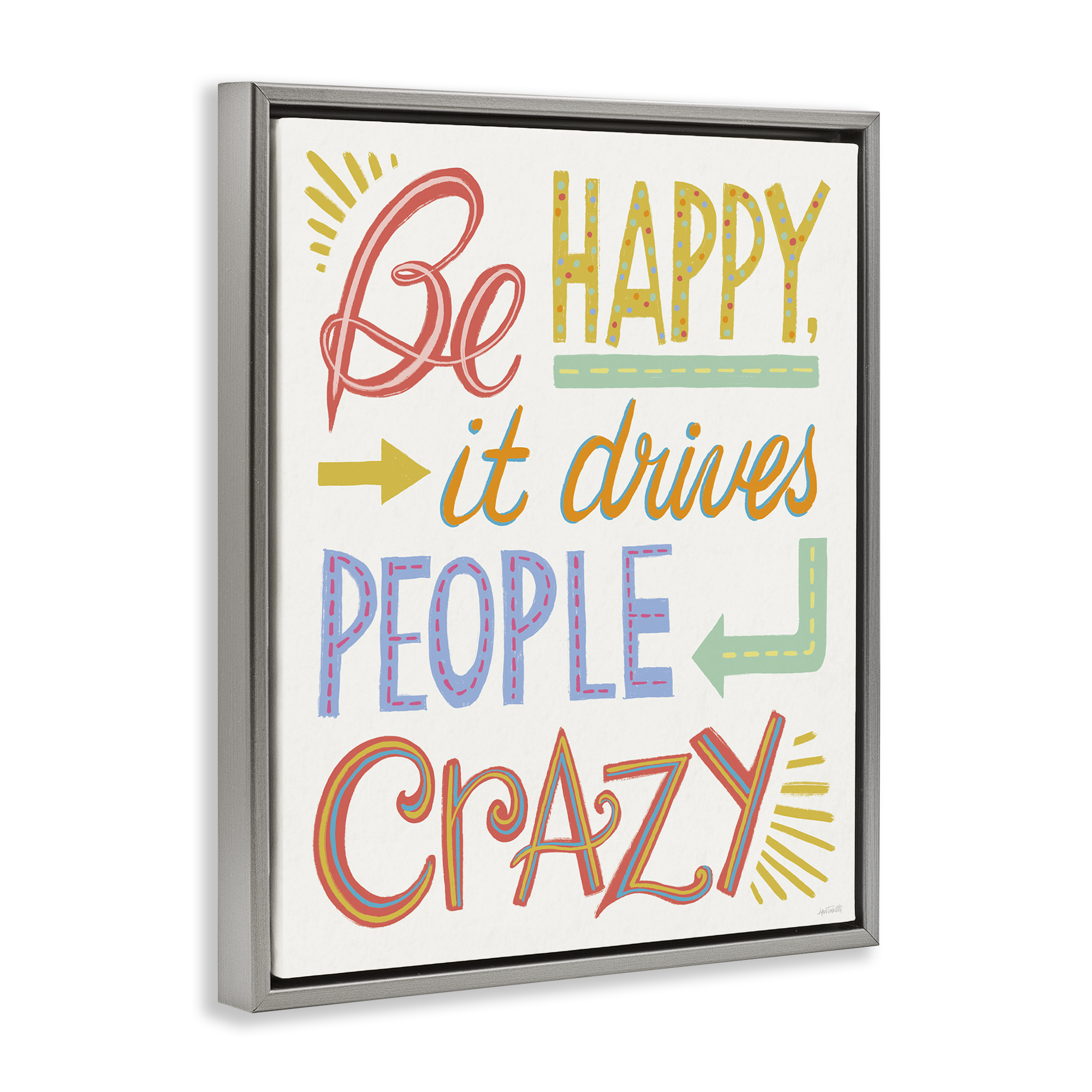 Stupell Industries Bright Be Happy Phrase Typography Painting Gray Floater Framed Art Print Wall Art, 17 x 21