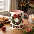 thumbnail image 2 of Novryn Christmas Coffee Mug, 2D Ceramic Cup With Raised Wreath Design for Coffee and Milk, 10 oz, Pink, 2 of 7