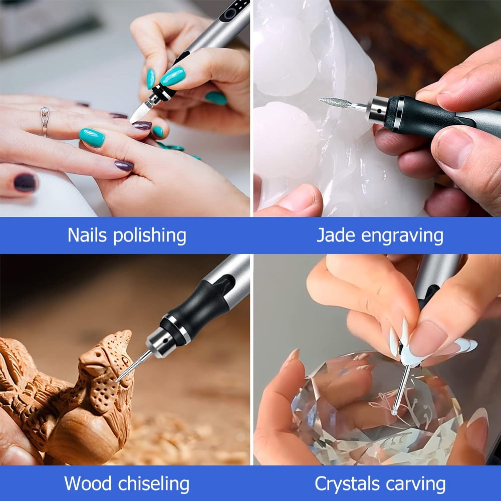 JENABOM 58PCS Silver Electric Engraving Pen, Cordless Electric Rotating Tool, 3-speed Adjustable, USB Charging Engraving Tool, Suitable for Jewelry, Wood, Metal