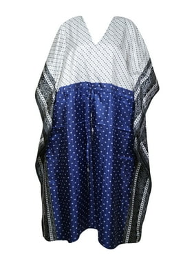 Mogul Women Kaftan Maxi Dress, Blue White Ethical Printed Loose Beach Cover Up Summer Caftan MATERNITY Dresses 2XL