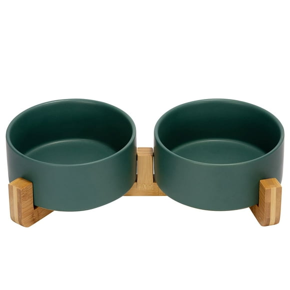Spunkyjunky Cuenco De Cerámica Para Perros Y Gatos Con Soporte De Madera, Juego De Agua Y Comida Ponderada Con Esmalte Mate Antideslizante Para Gatos, Perros Medianos, 28,7 Onzas