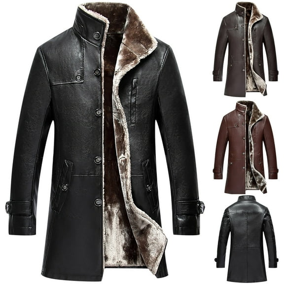 Abcnature Men's Winter Artificial Leather Coats Velvet Waist Drawstring Stand-up Collar Jacket Casual Mid-length Thicken Coats Mountain Waterproof Ski Snow Windbreaker Jackets for Men