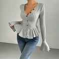 thumbnail image 2 of DAFPZW Womens Bell Sleeve Peplum Sweaters Fashion Fall V-Neck Button Down Elegant Ruffle Hem Sexy Slim Knit Tops Clothes, 2 of 6