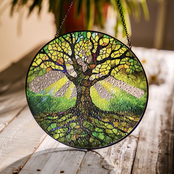 Tree Suncatcher, Stained Glass Tree of Life, Green Window Hanging, Unique Nature Gift, Botanical Gift, Crystal Suncatcher, Window Decor