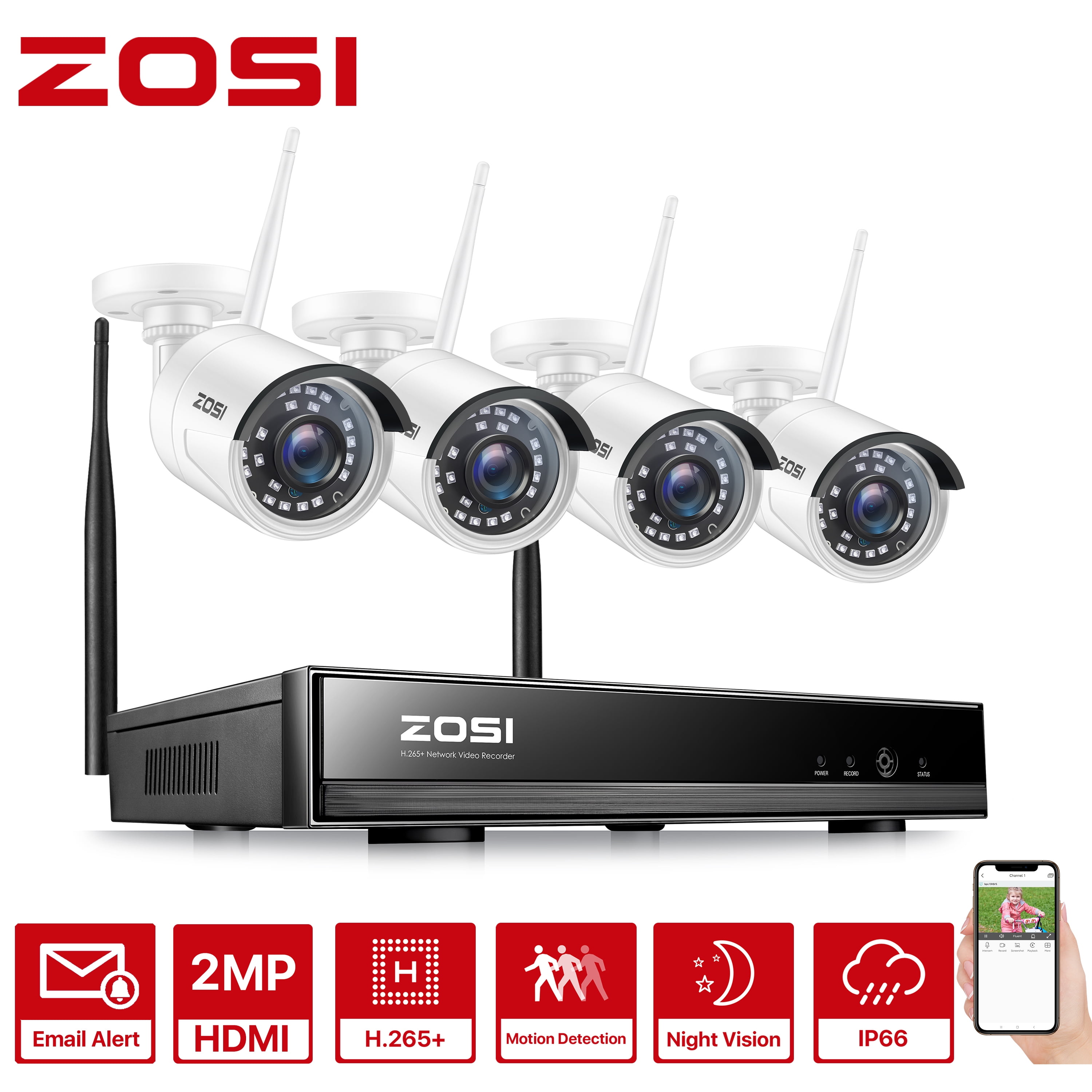 ZOSI 4CH 1080p NVR 2MP Outdoor HD Wireless IP Home Security Camera System Wifi 