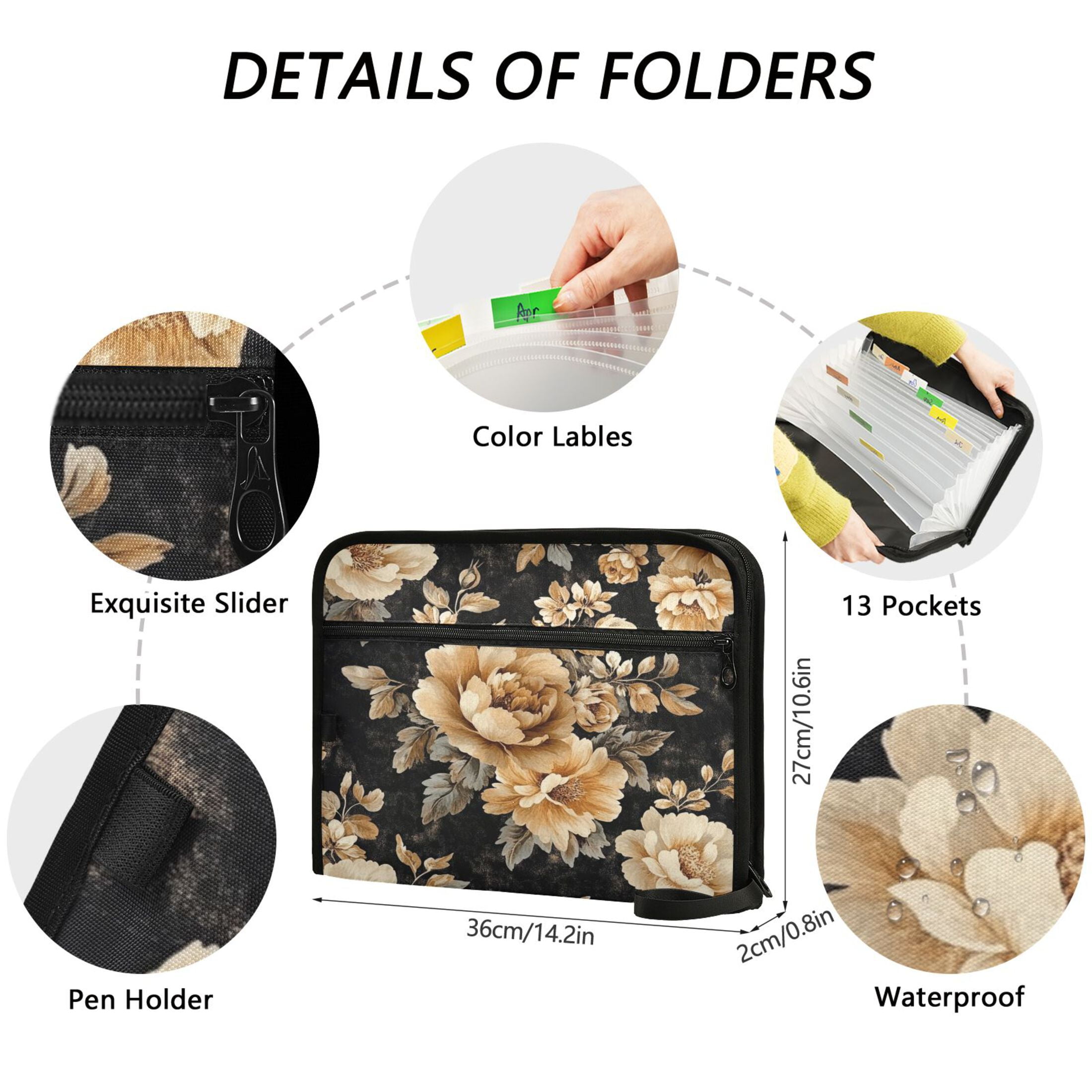 WOBOGO Brown and Beige Flowers Pattern Expanding File Folder Letter Size Accordion Filing Organizer 13 Pocket Separate Organ Pocket