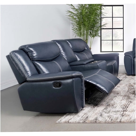 Blue Motion Reclining Loveseat with Console, Upholstered Faux Leather Recliner Sofa for Small Spaces
