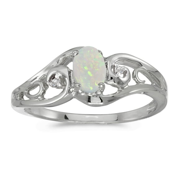 10k White Gold Oval Opal And Diamond Ring