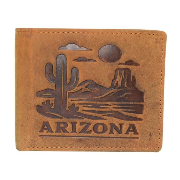 MARSHAL Arizona Western Bifold Wallet for Men RFID Blocking Leather Wallet with Cactus & Desert Landscape Tan