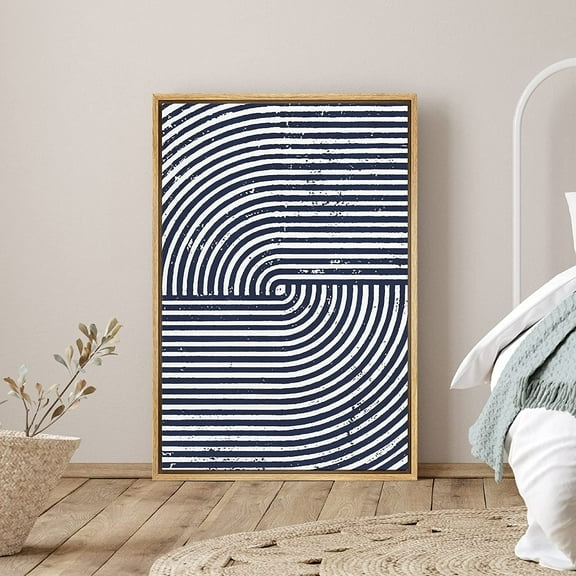 PixonSign Framed Canvas Print Wall Art Swirling Line Semi-Circle Abstract Shapes Illustrations Minimalism Contemporary Dramatic Black and White for Living Room, Bedroom, Office - 24"x36" Natural