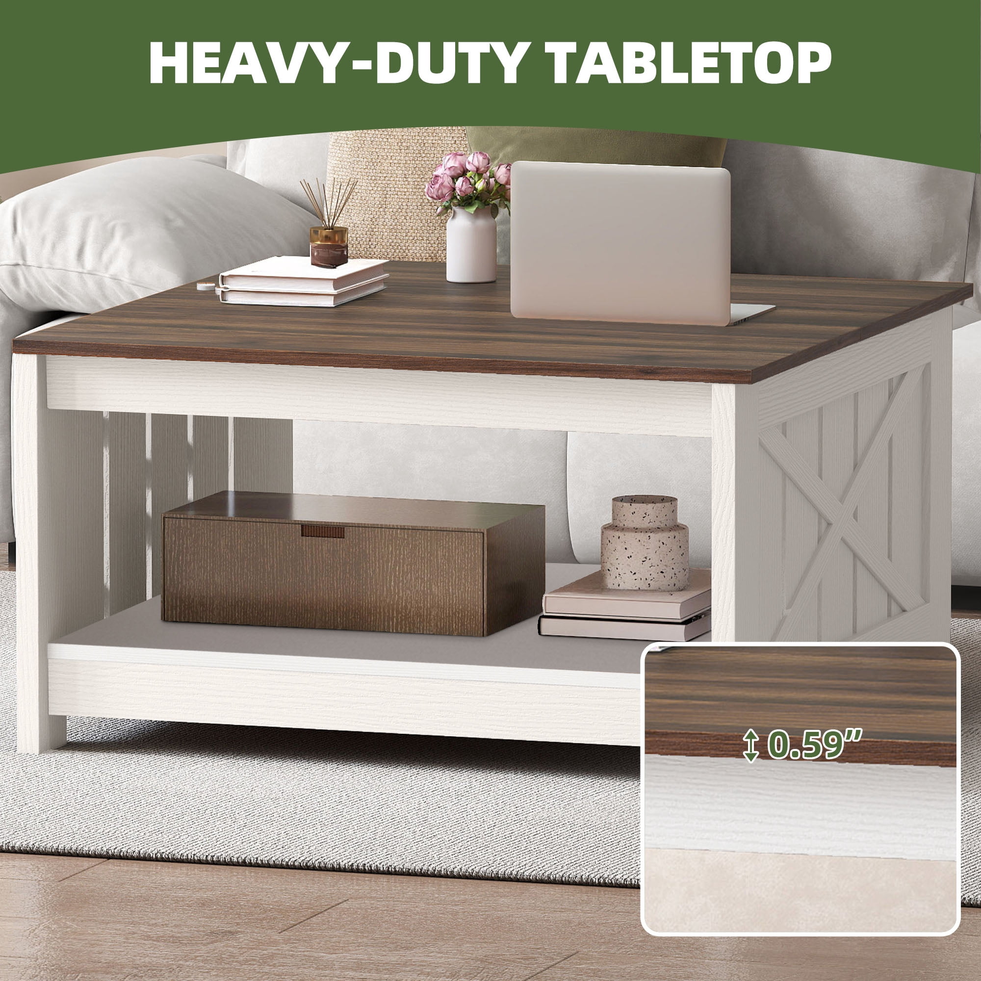 Uforic Coffee Table with Storage Shelf for Living Room, Farmhouse Center Table, White & Walnut