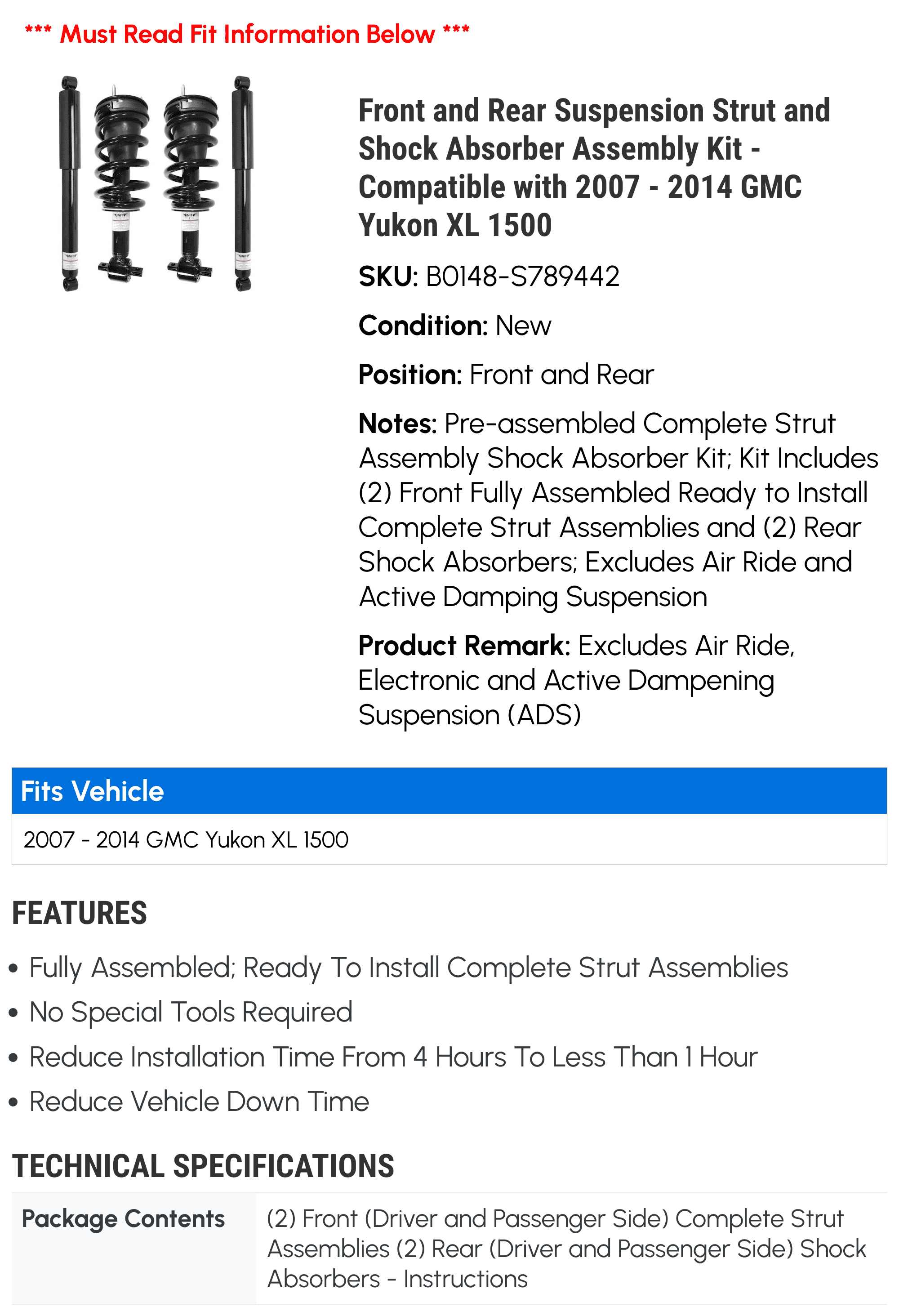 Front and Rear Suspension Strut and Shock Absorber Assembly Kit - Compatible with 2007 - 2014 GMC Yukon XL 1500 2008 2009 2010 2011 2012 2013