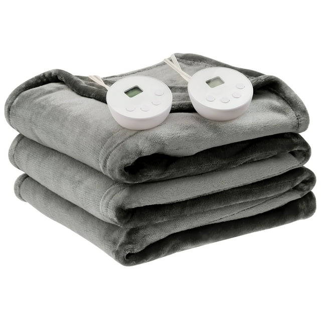 Costway 84" x 90" Flannel Heated Blanket Electric Throw w/ Dual Controllers Gray