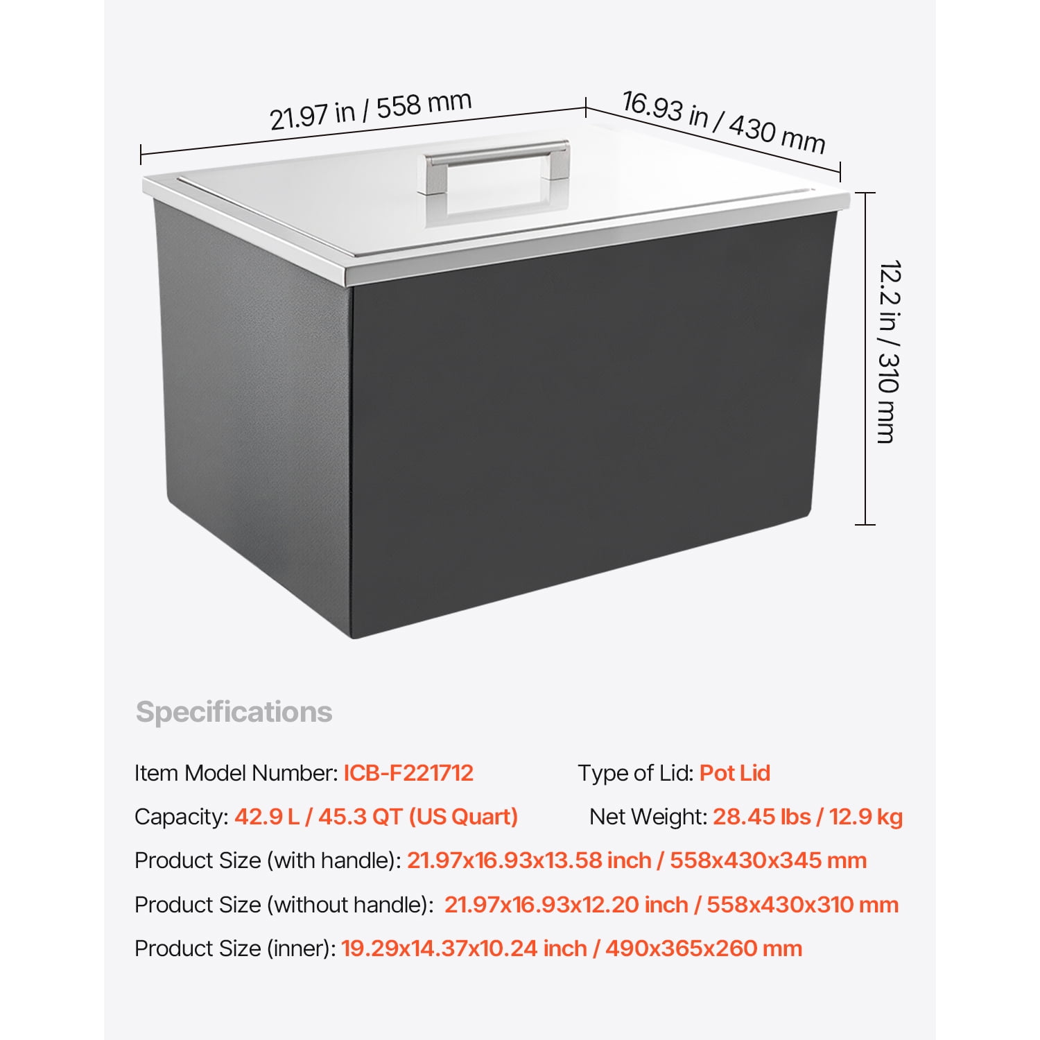 KFFKFF Stainless Steel Drop-In Ice Chest, 22"L x 17"W x 12"H Cooler, 45.3 Quart Capacity with Lid, Ideal for Outdoor Kitchens, Patios, and Bars, Includes Drain Pipe for Chilling Beverages