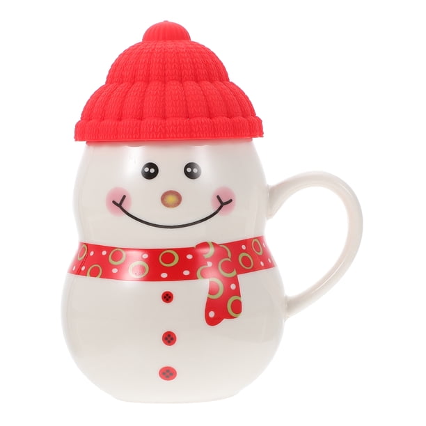 1 Juego de Taza de Cerámica con Tapa de Muñeco de Nieve de Dibujos Animados, Adorno de Muñeco de Nieve