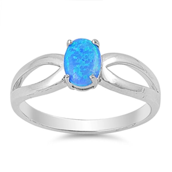 Blue Simulated Opal Cutout Solitaire Ring 925 Sterling Silver Band CZ Jewelry Female Size 7